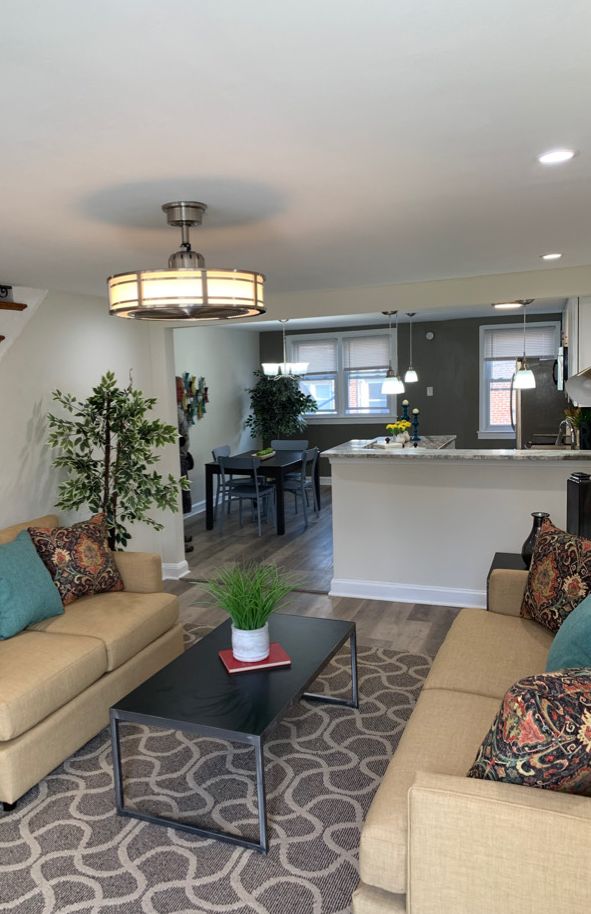 Cambridge living room, opened up, after